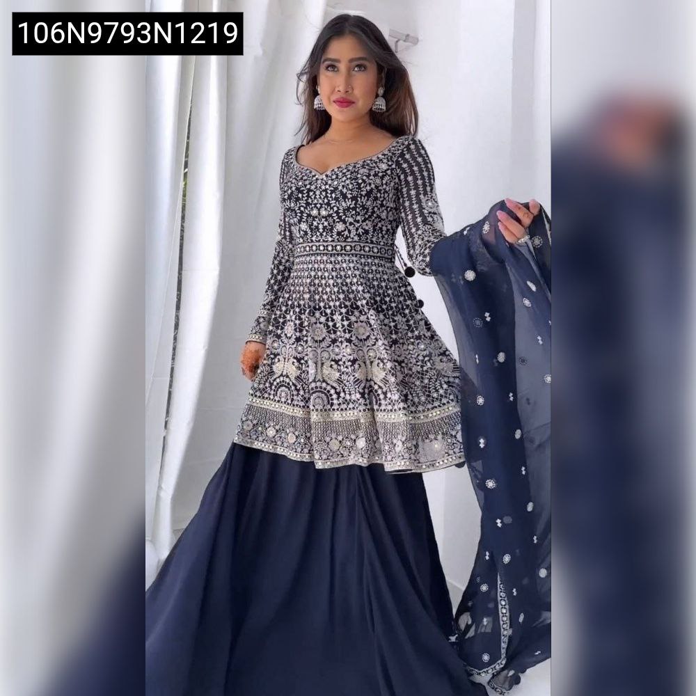 TRENDBUY Embroidered Peplum Top Lehenga Choli in Navy Blue with Model Posing