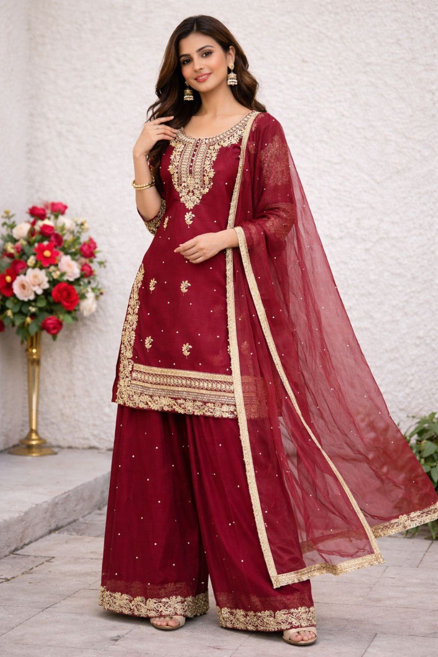 Woman in elegant wine red embroidered Pur Gmy Silk plazzo suit with dupatta, posing gracefully.