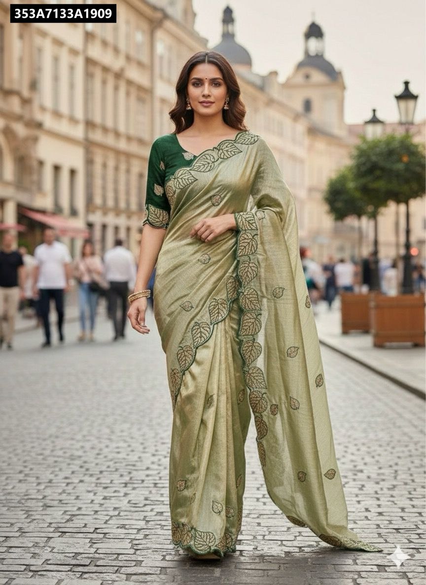 Model wearing TRENDBUY Sage Green Embroidered Rangoli Crush Silk Saree with Deep Green Blouse in an outdoor setting
