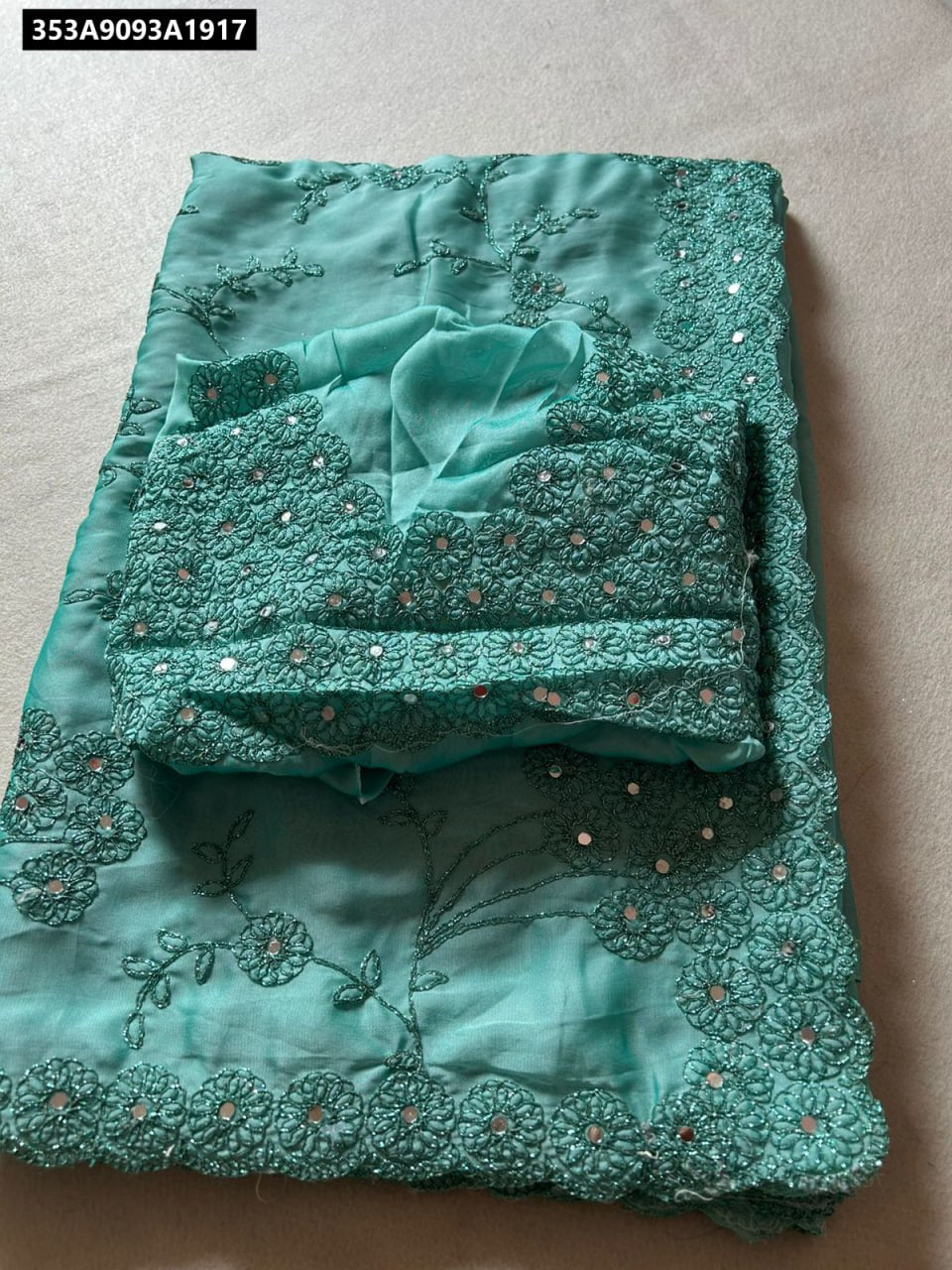 Teal Green Rangoli Silk Saree with Heavy Embroidery and Real Mirror Work, flat lay