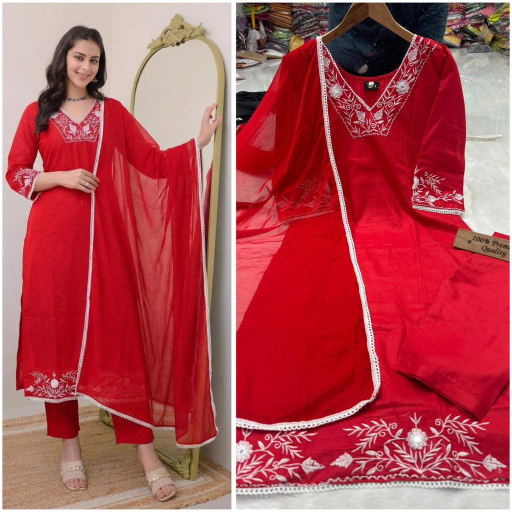 Model wearing elegant red embroidered rayon kurti set with dupatta