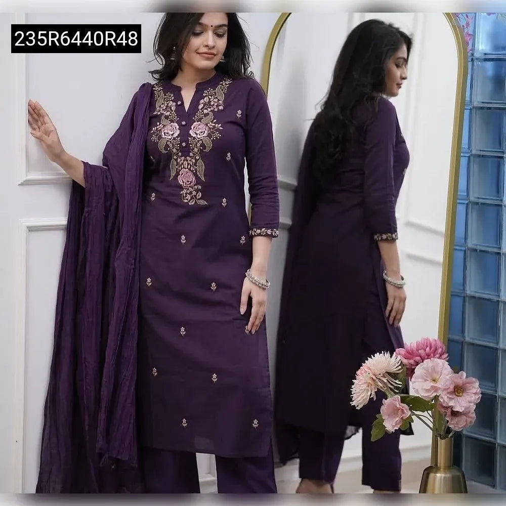 Elegant woman posing in a full-body shot, wearing a Plum Purple Reyon Slub Kurta Set with intricate sequence embroidery and a flowing Nazmin dupatta