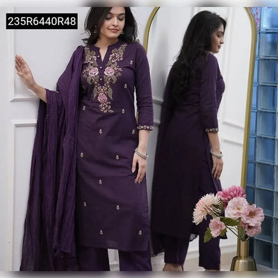 Embroidered Reyon Slub Kurta Set for Women | Plum Purple