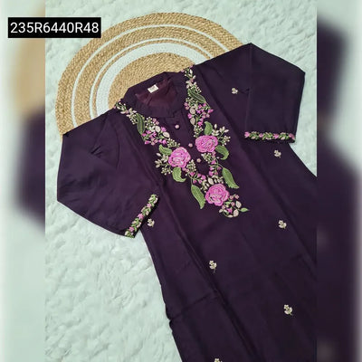 Embroidered Reyon Slub Kurta Set for Women | Plum Purple