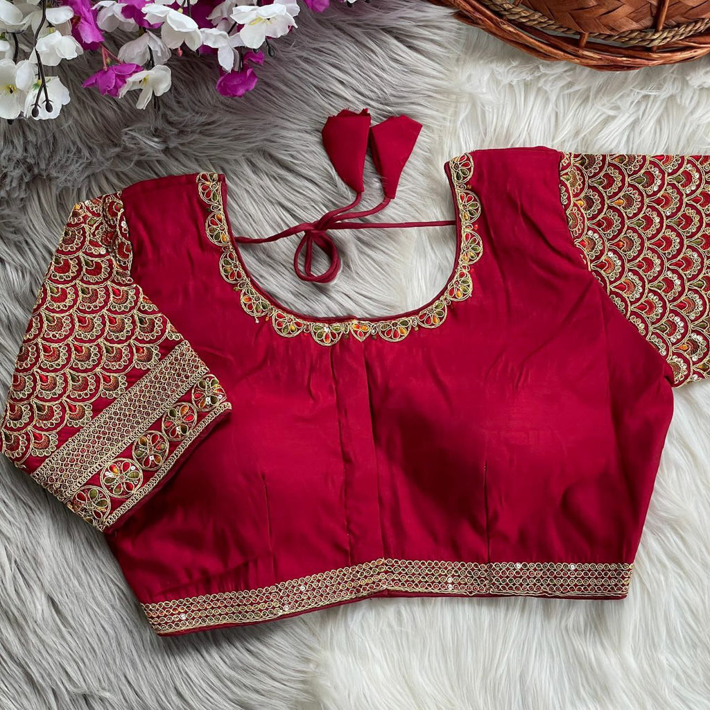Red Embroidered Roma Silk Blouse with scallop design sleeves, front view, latkans