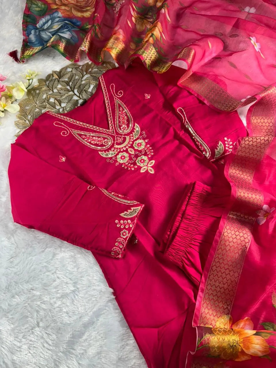 TRENDBUY Pink Roman Silk Kurti Pant Dupatta Set with floral Chanderi Dupatta