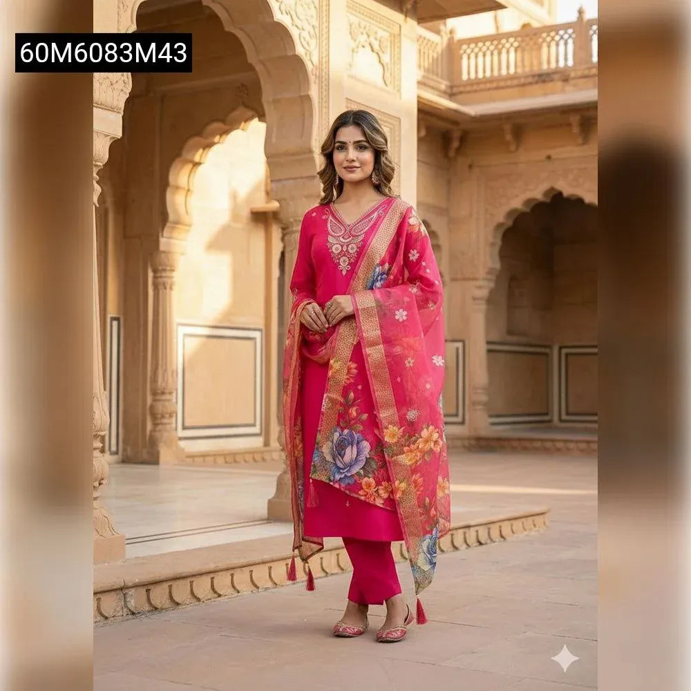 Model wearing TRENDBUY Pink Roman Silk Kurti Pant Dupatta Set with embroidered kurti and floral print dupatta, front view.