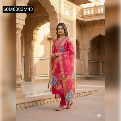 Embroidered Roman Silk Kurti Pant Dupatta Set for Women | Festive Ethnic Wear