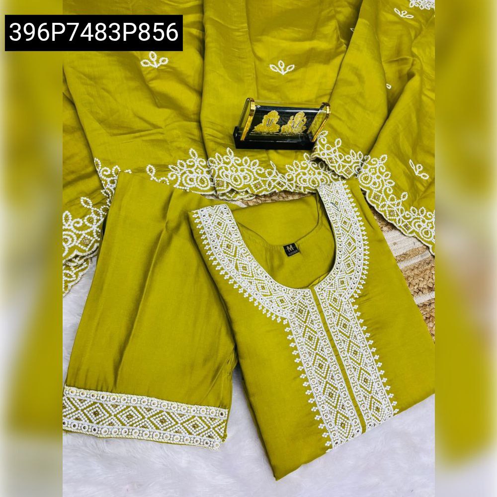 Olive Green Roman Silk Kurti Set with Embroidery, flat lay