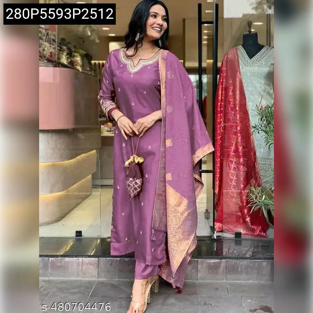 Full body front view of a woman smiling, wearing a TRENDBUY Roman Silk Kurti Set in Wine with Banarsi Jacquard dupatta.