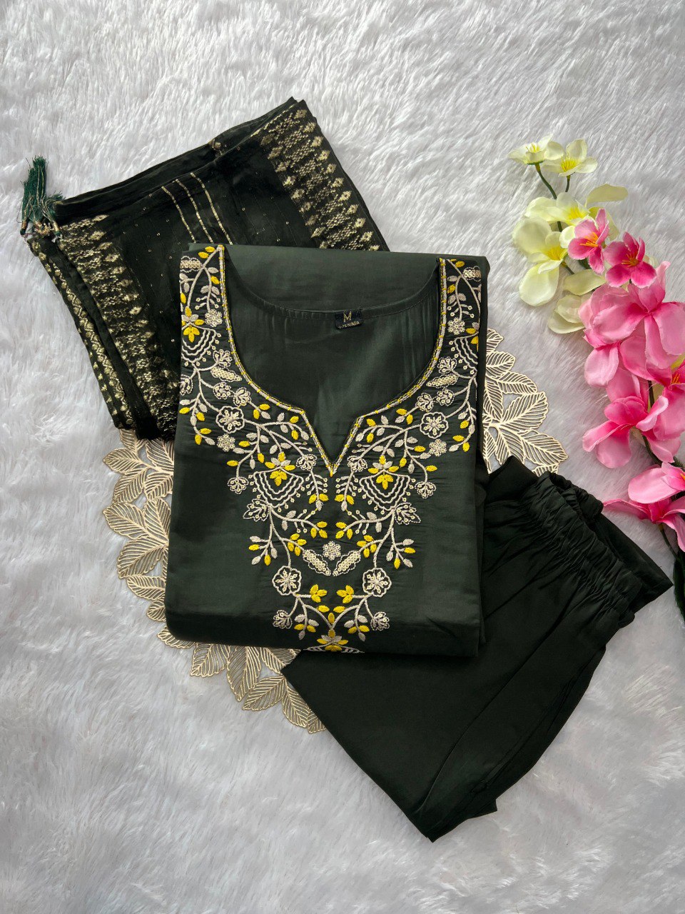 Mehandi Green Embroidered Roman Silk Kurti Set for Women by TRENDBUY - Top view