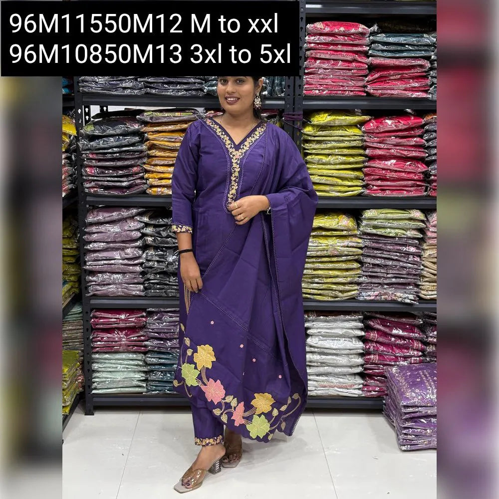 TRENDBUY Women's Lavender Embroidered Roman Silk Kurti Pant Dupatta Set, full front view