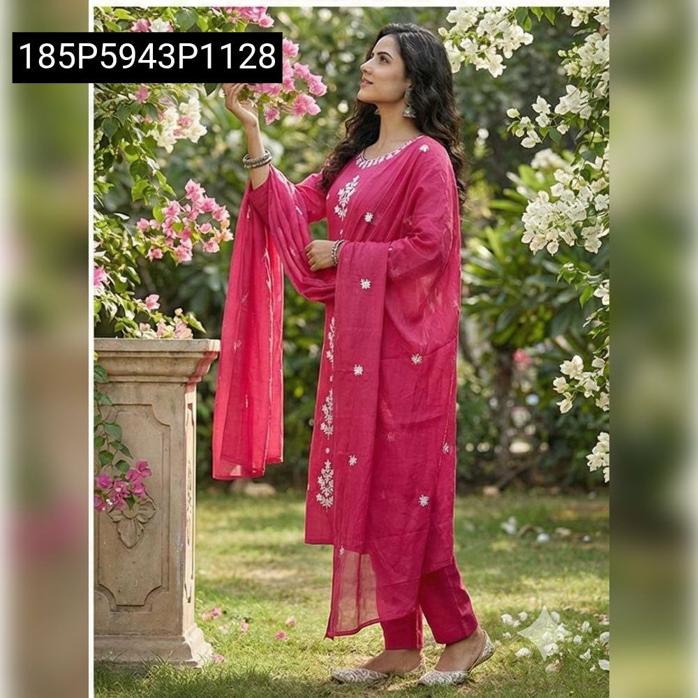 Women's Roman Silk Embroidered Suit Set in Pink, Model Posing Outdoors