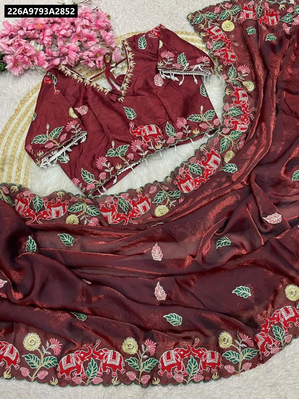 TRENDBUY Maroon Fendy Satin Saree with Elephant Embroidery and Readymade Blouse