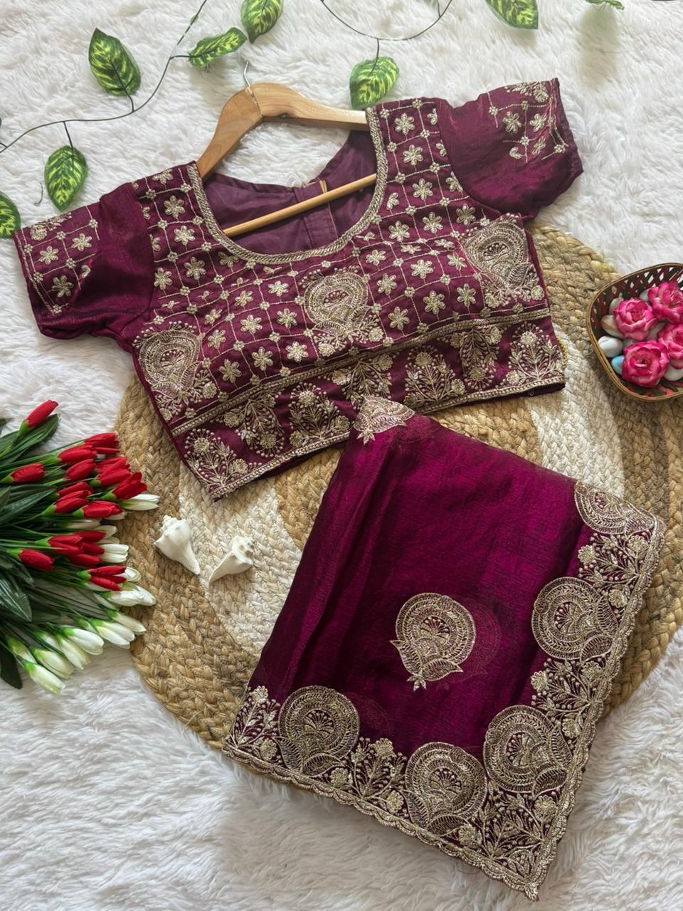 TRENDBUY Magenta embroidered satin saree with matching heavily embroidered blouse for women