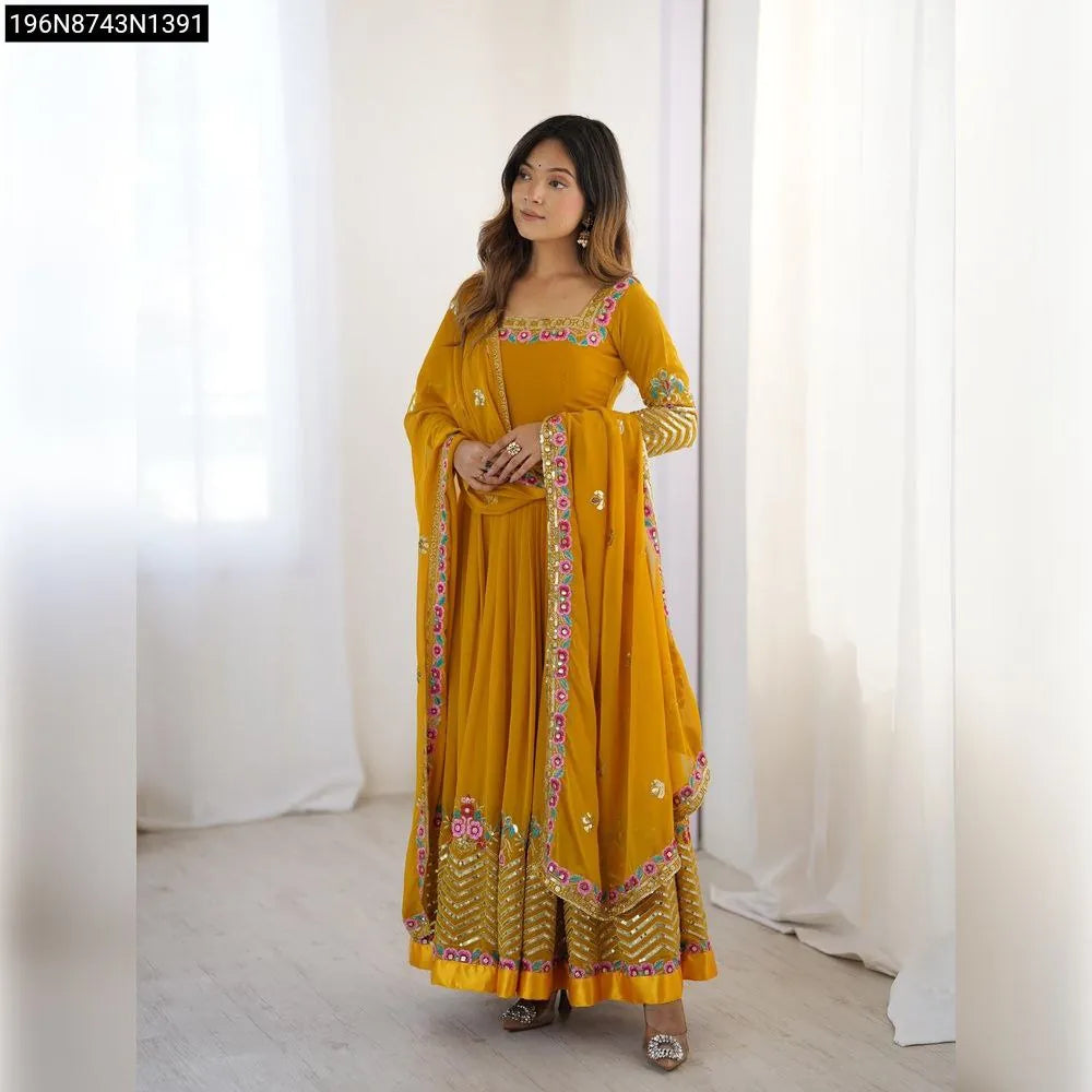 Mustard Yellow Embroidered Anarkali Suit with Dupatta, Full View of Model
