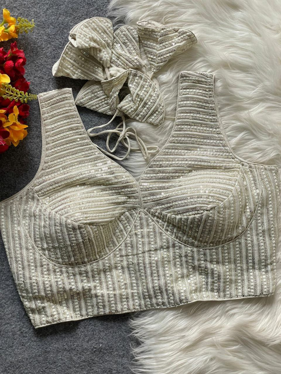 TRENDBUY Heavy Deep Neck Partywear Blouse in Off-White with intricate sequence embroidery