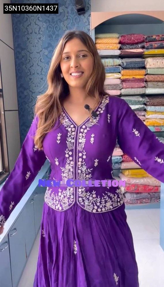 Model wearing TRENDBUY purple chinon embroidered sequence lehenga set for festive occasion