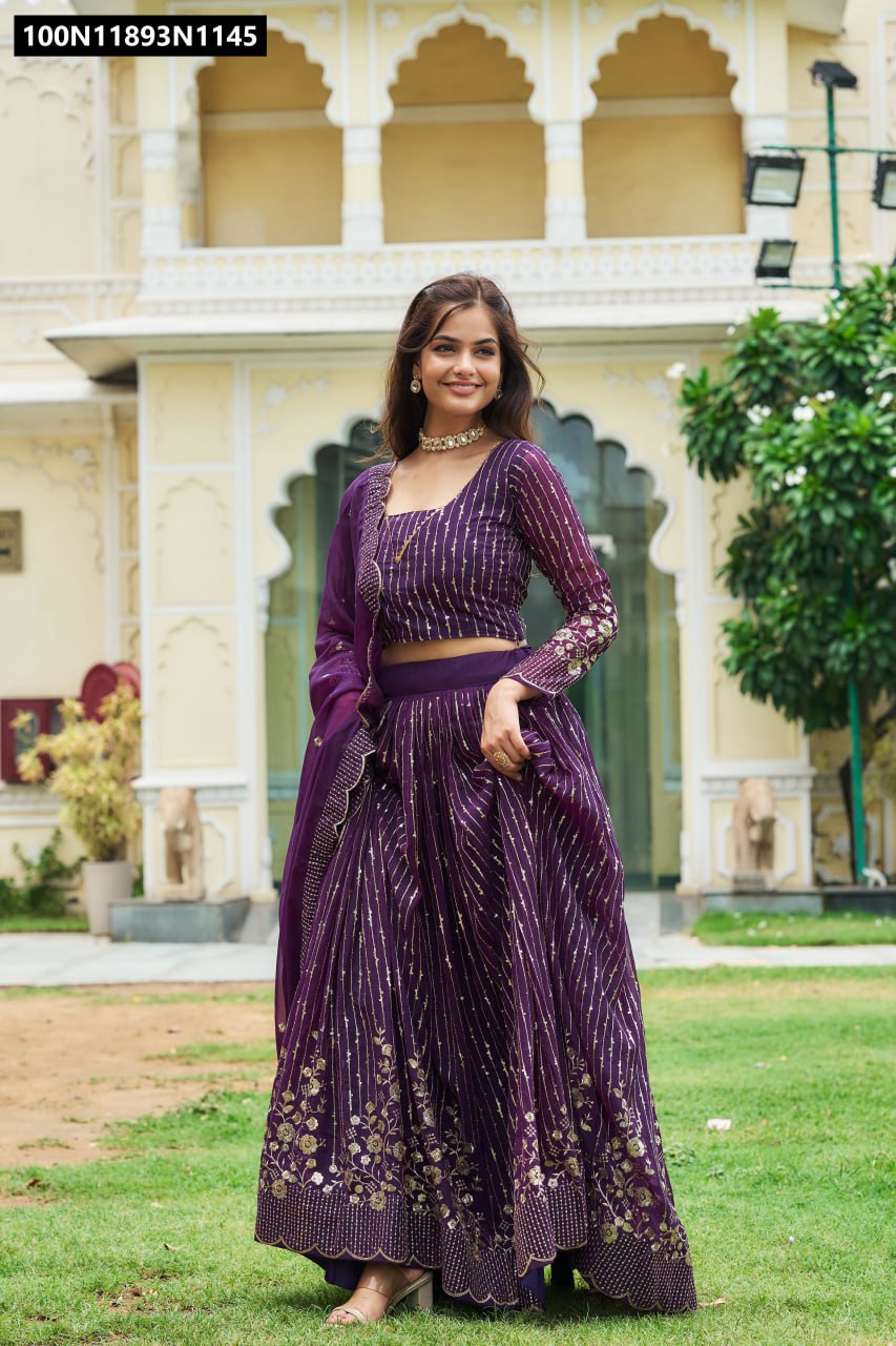 Model wearing TRENDBUY purple embroidered sequence georgette lehenga choli, front view