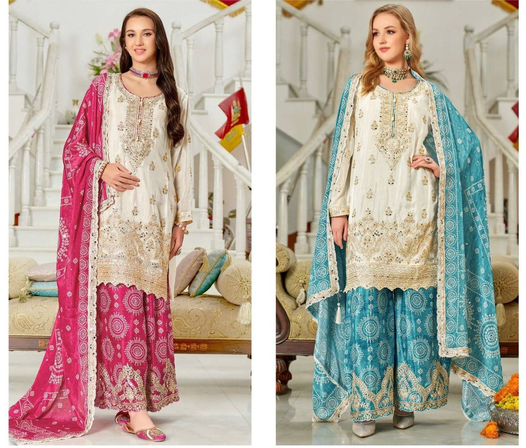 Woman in off-white kurti with gold embroidery and fuchsia pink sharara set, posing in an elegant room.