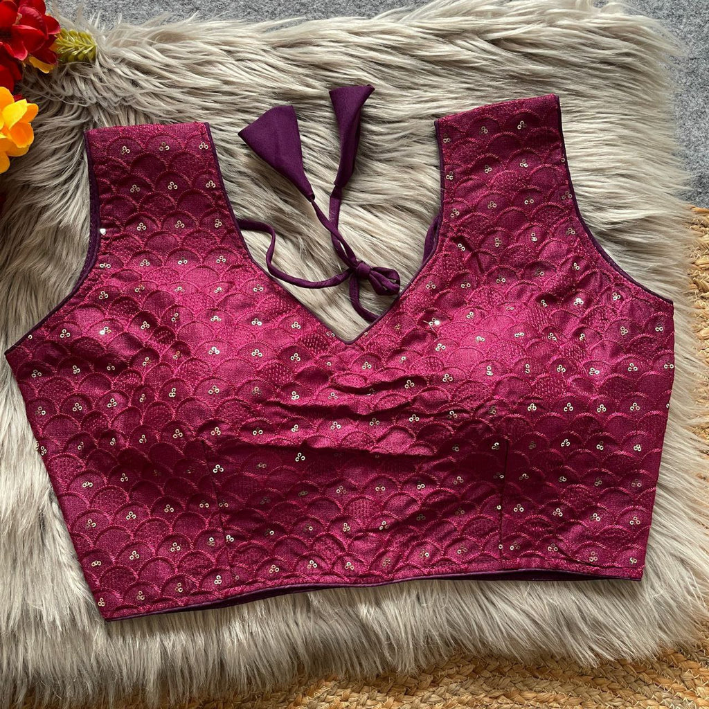 Plum Milan Silk Blouse with Heavy Embroidery and Sequence Work for Women