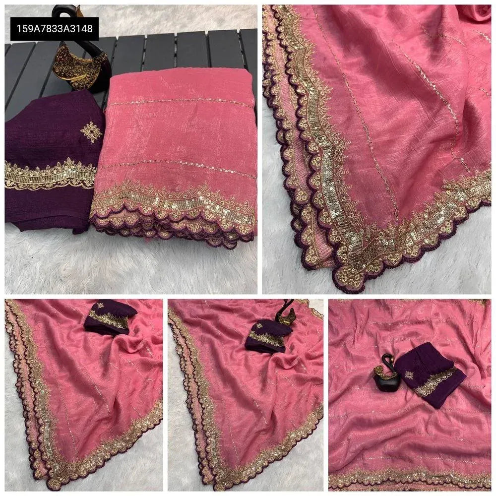 Pink Embroidered Sequins Saree with Scallop Border and Contrasting Blouse Piece - TRENDBUY