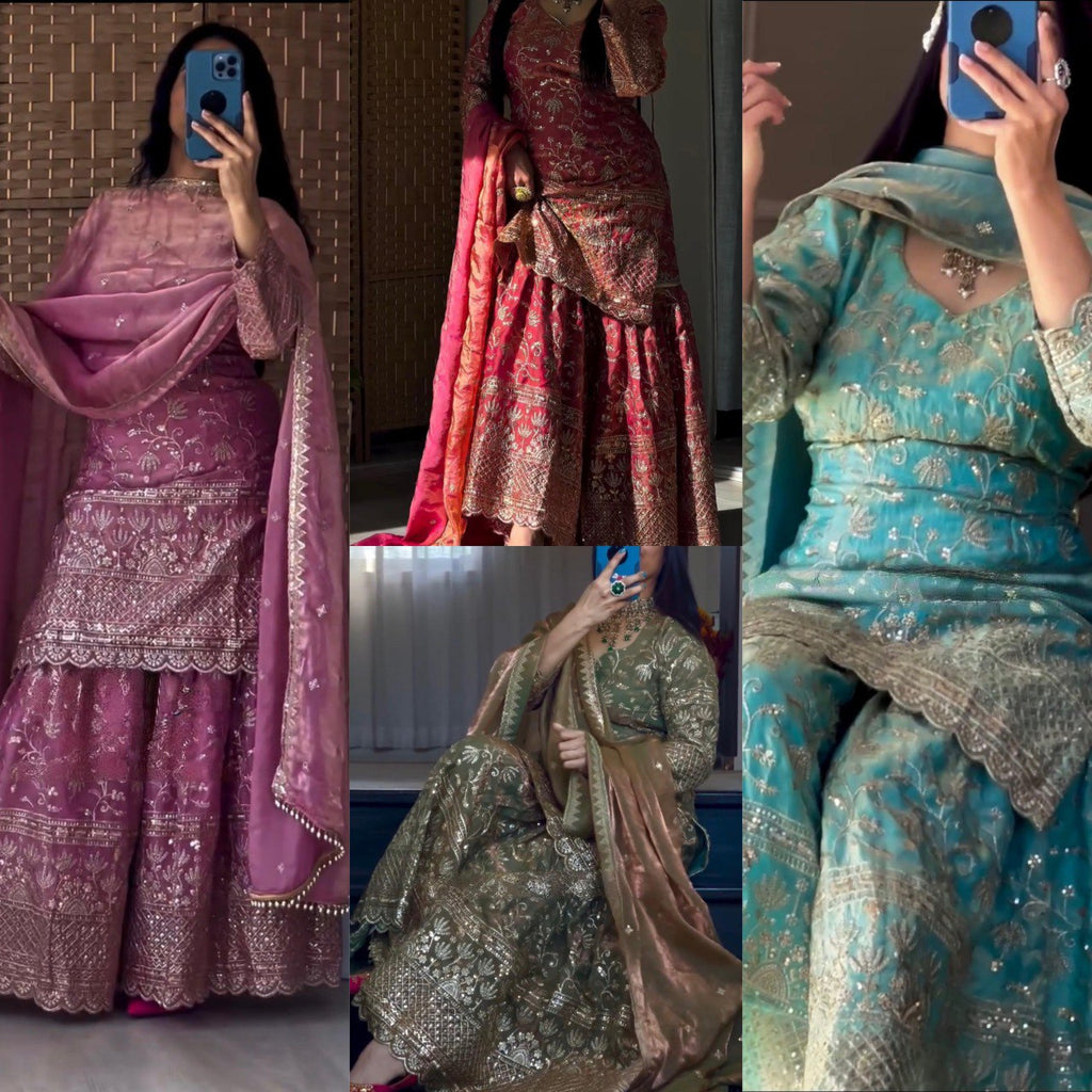 Woman posing in a maroon sequin embroidered sharara palazzo suit with a matching dupatta.