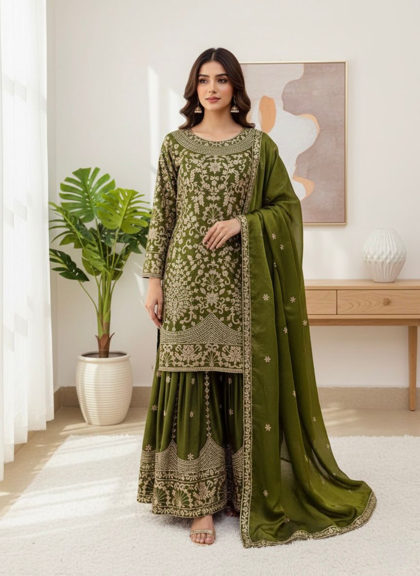 A woman in an elegant olive green heavily embroidered sharara suit with dupatta, posing in a modern living space.