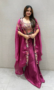 Exclusive Crepe Silk Embroidered Sharara Suit with Long Shrug for Festive Weddings