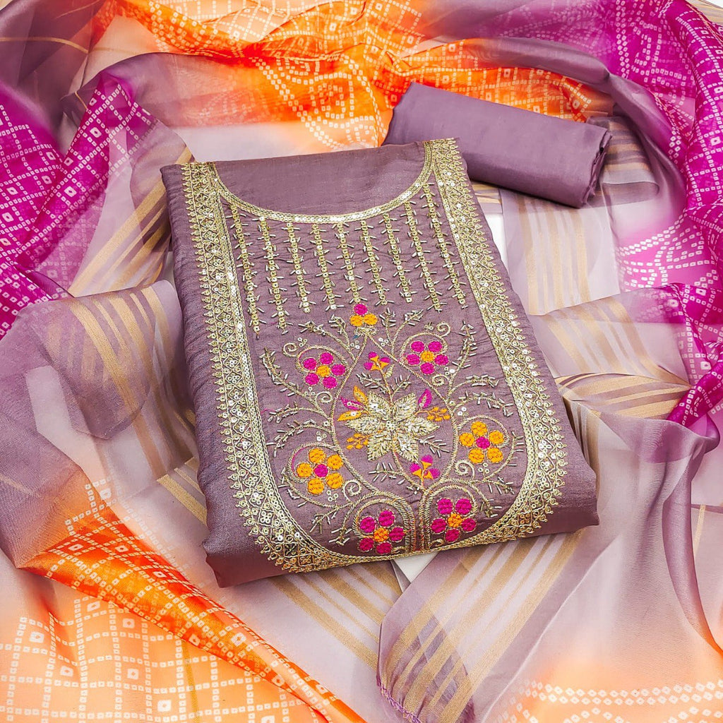 TRENDBUY Mauve Silk Blend Embroidered Unstitched Suit Set with Digital Print Organza Dupatta