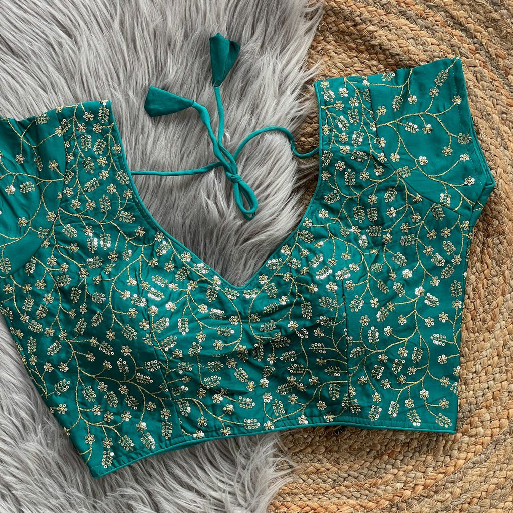 TRENDBUY Teal Green Embroidered Silk Blouse with Sequence Work, front view