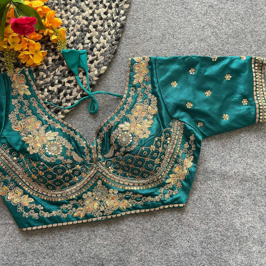 TRENDBUY Emerald Green Embroidered Silk Blouse with Sequence Work