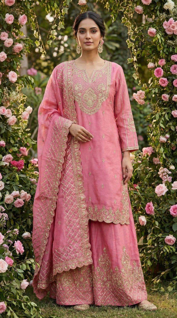 Woman posing in a beautiful rose pink embroidered Simar Silk Kurti Palazzo Set by TRENDBUY, surrounded by rose arches.