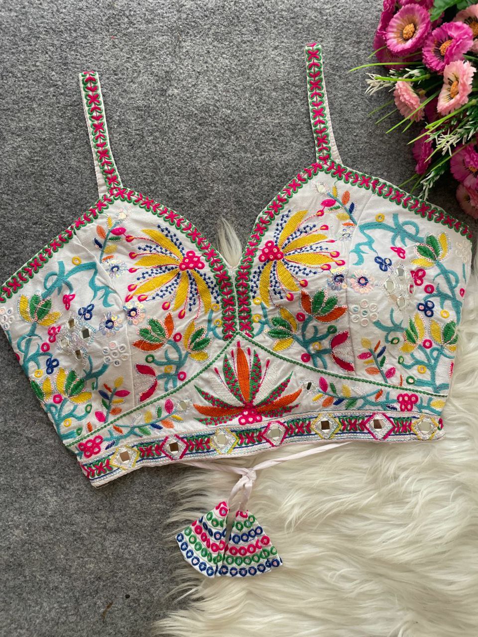 TRENDBUY White Embroidered Sleeveless Blouse with Mirror Work
