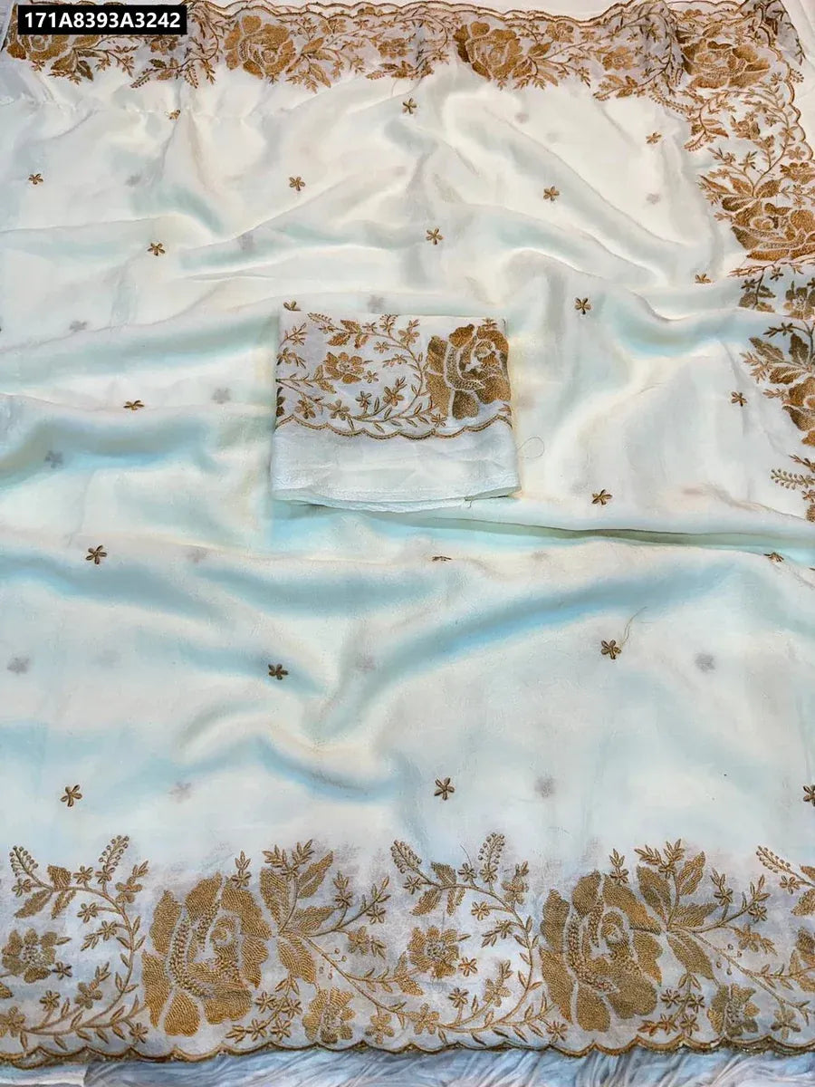 TRENDBUY Soft Crush Silk Embroidered Saree in White/Cream, flat lay showcasing full design