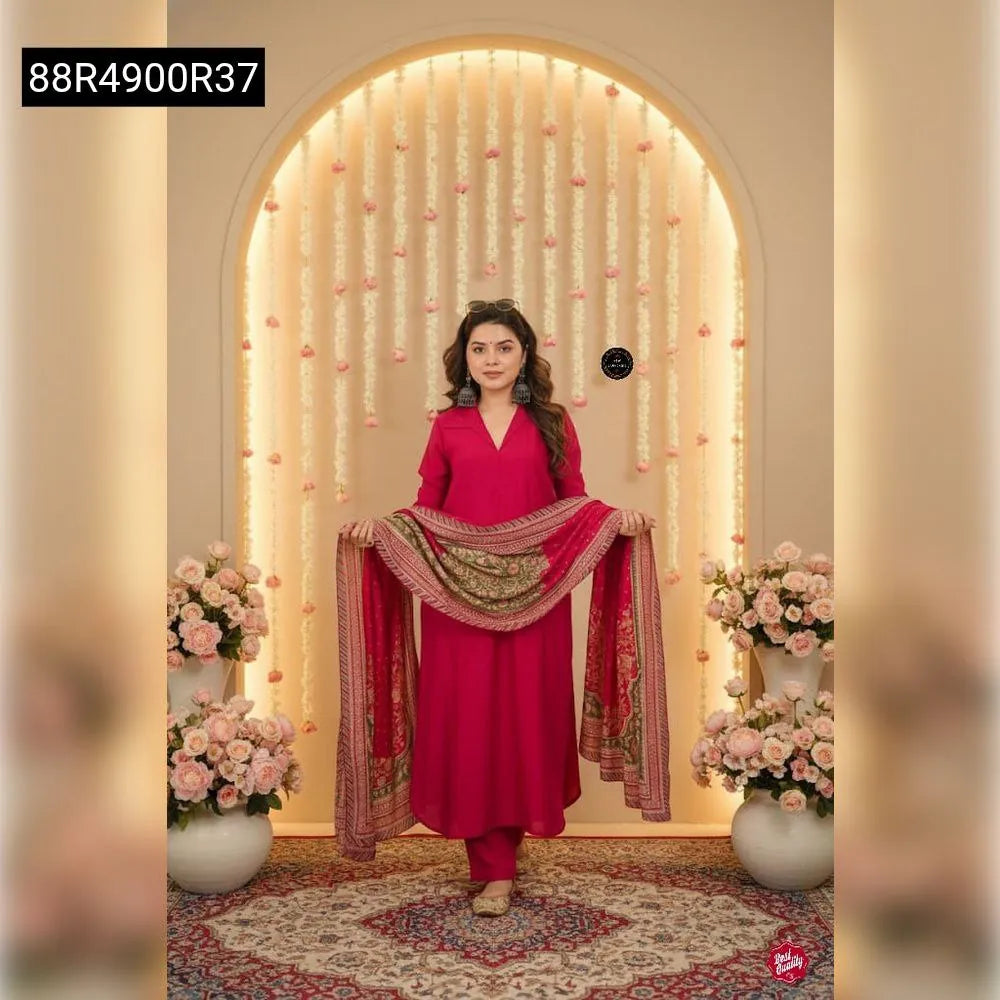 TRENDBUY Rani Pink South Cotton Kurti Set with embroidered Chanderi Silk dupatta, front view model