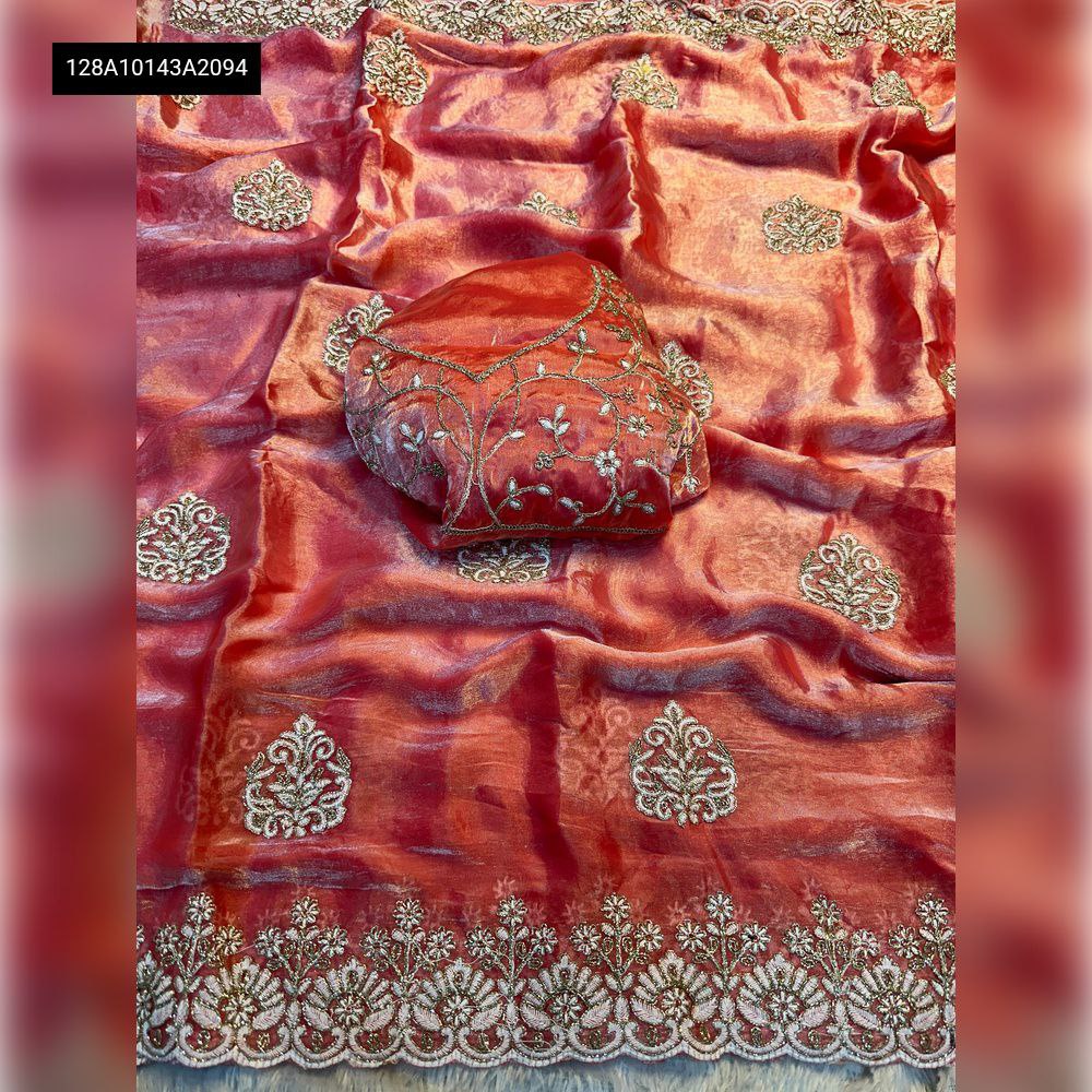 TRENDBUY Peach Space Silk Saree with Fancy Coding and Sequin Embroidery, perfect for parties.