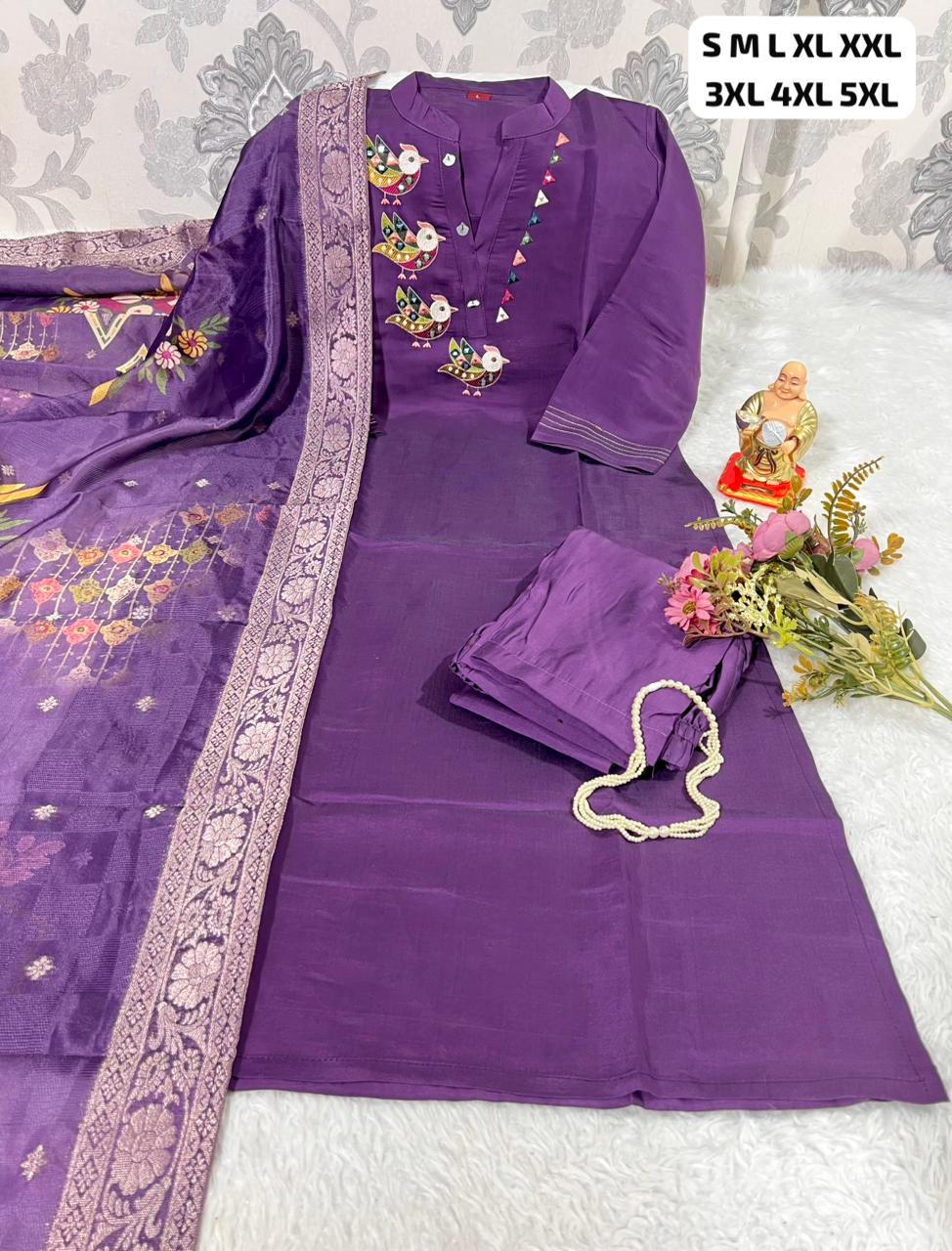 Lavender Purple Banana Silk Kurti Set with traditional bird embroidery and Jaquard Dupatta