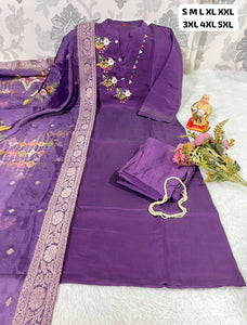 Embroidered Traditional Banana Silk Kurti Pant Dupatta Set for Women | Festive & Wedding Wear