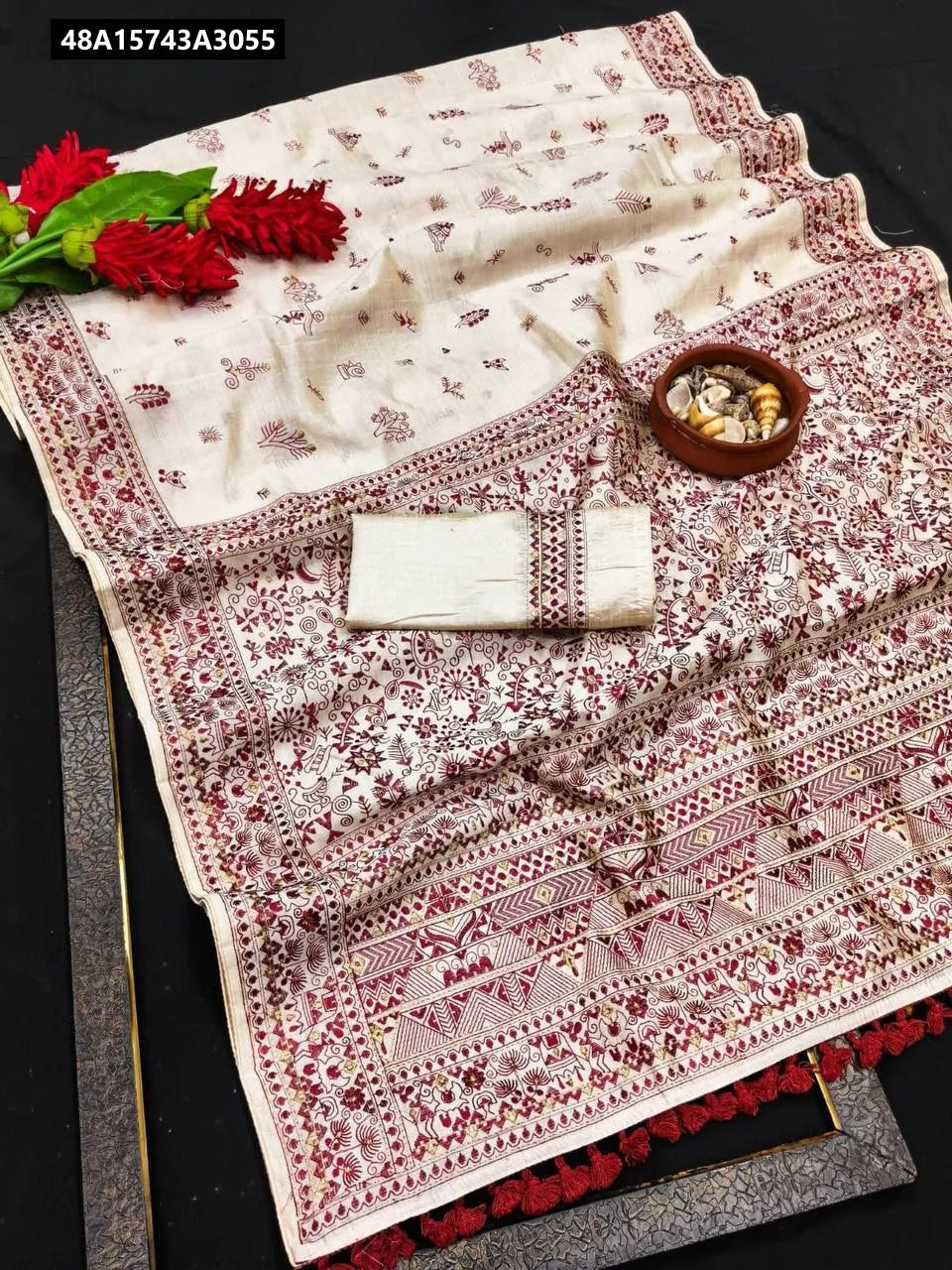 Pure Tussar Saree with Red multi-thread embroidery and red tassels from TRENDBUY