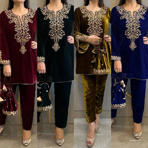 Embroidered Velvet Ladies' Suit Set | Party Wear