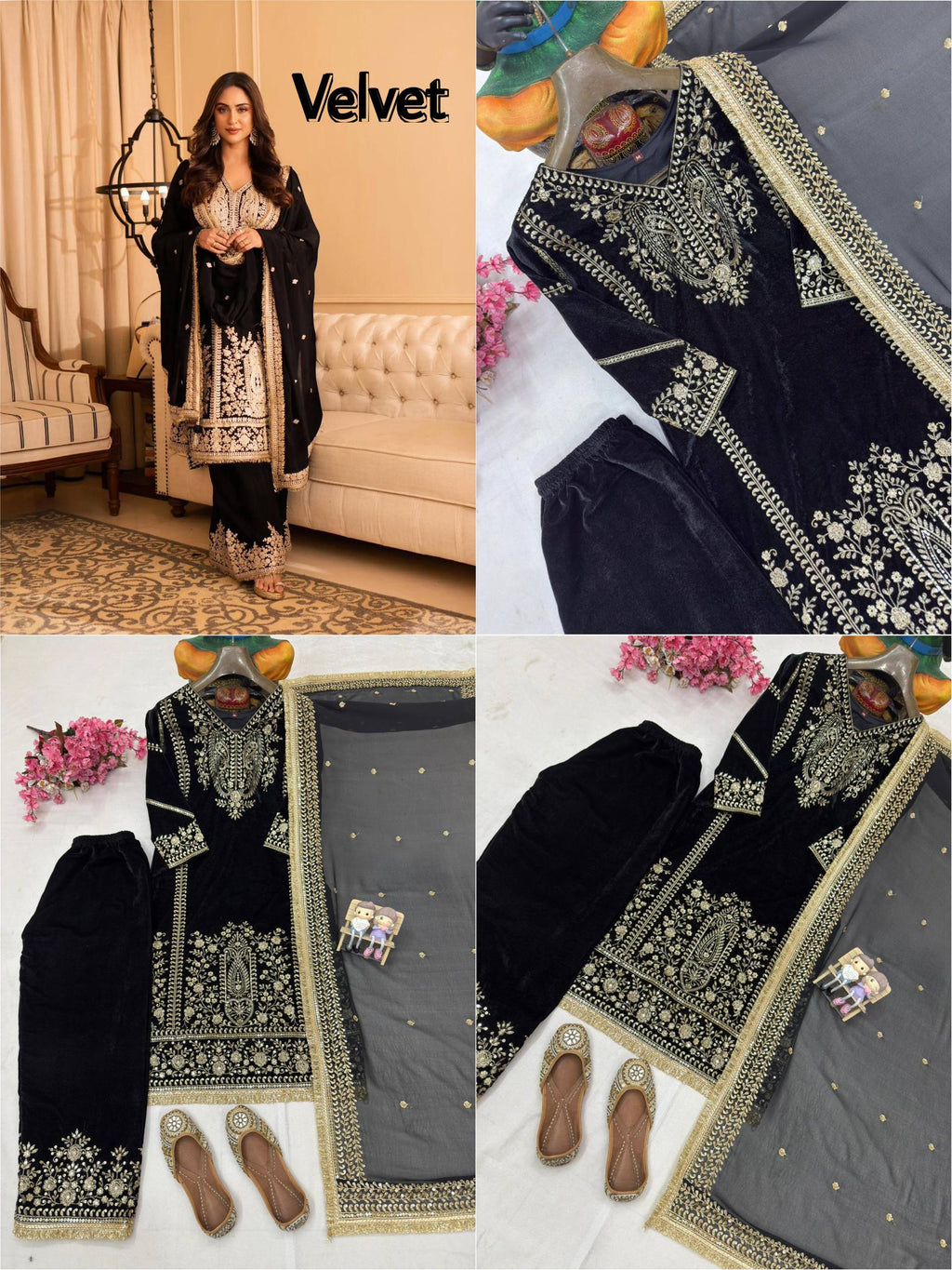 Elegant Women's Black Velvet Kurta Set with Gold Sequin Embroidery, model posing.
