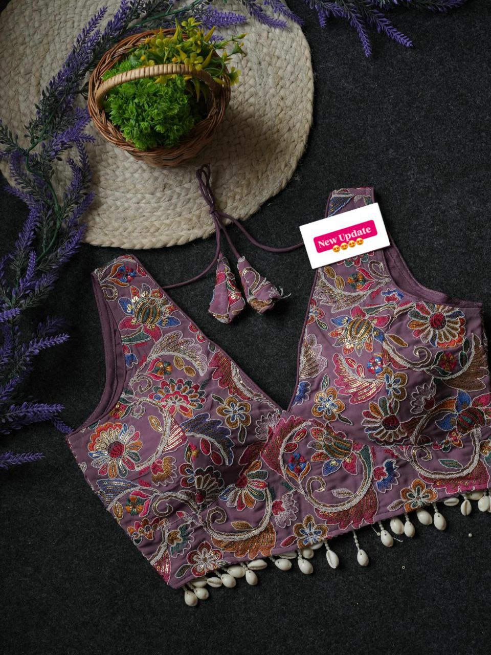 Embroidered Vichitra Silk Blouse in Lavender with shell lace for women, front view.