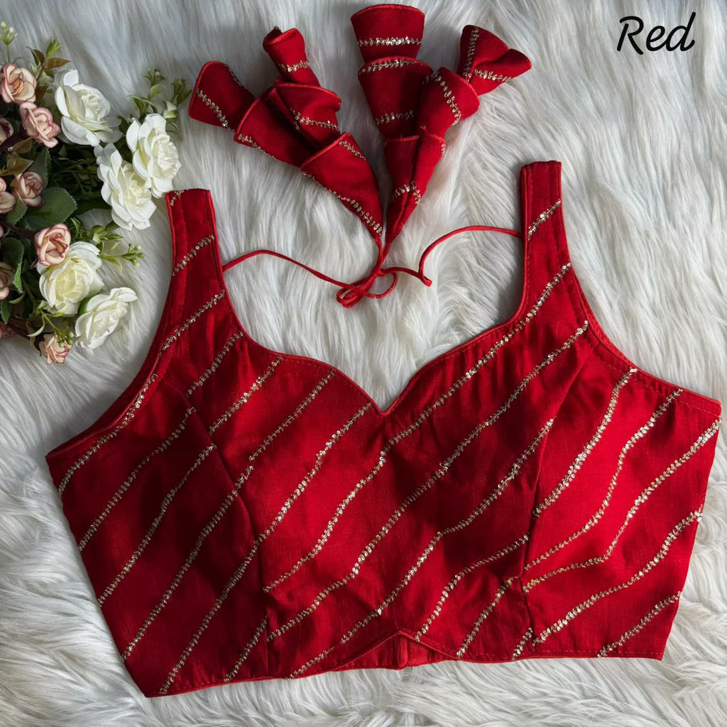 Red Vichitra Silk Blouse with Jari and Sequence Work
