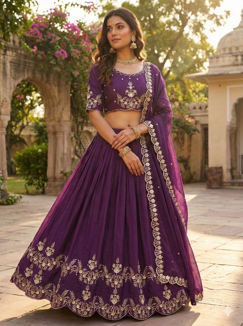 Woman in a Regal Violet Embroidered Vichitra Silk Lehenga set, standing gracefully in a garden setting, showcasing elegance.