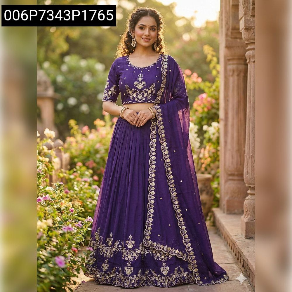 Front view of model in Regal Purple embroidered Vichitra Silk lehenga set, looking at camera