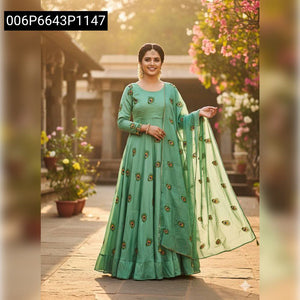 Embroidered Vichitra Silk Women's Anarkali Gown with Dupatta | Festive & Party Wear by Ethereal Elegance