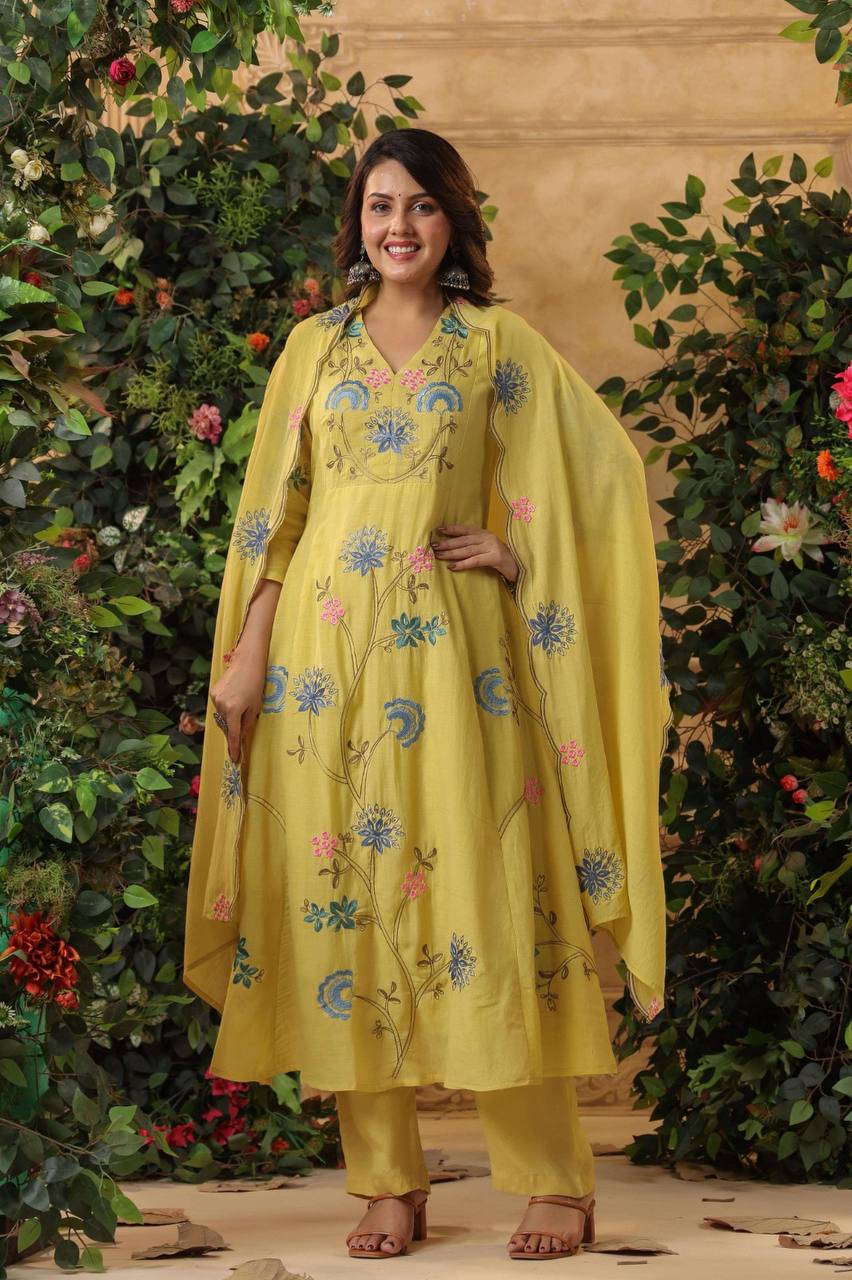 TRENDBUY Embroidered Viscose Chanderi Silk Kurti Set for Women in Yellow