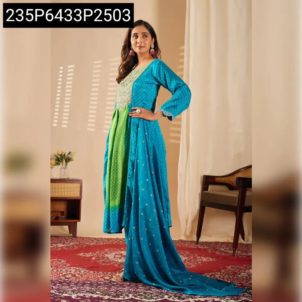 TRENDBUY Teal Green Viscose Chinon Anarkali Kurti Set, model side profile, showing the full length and design details.