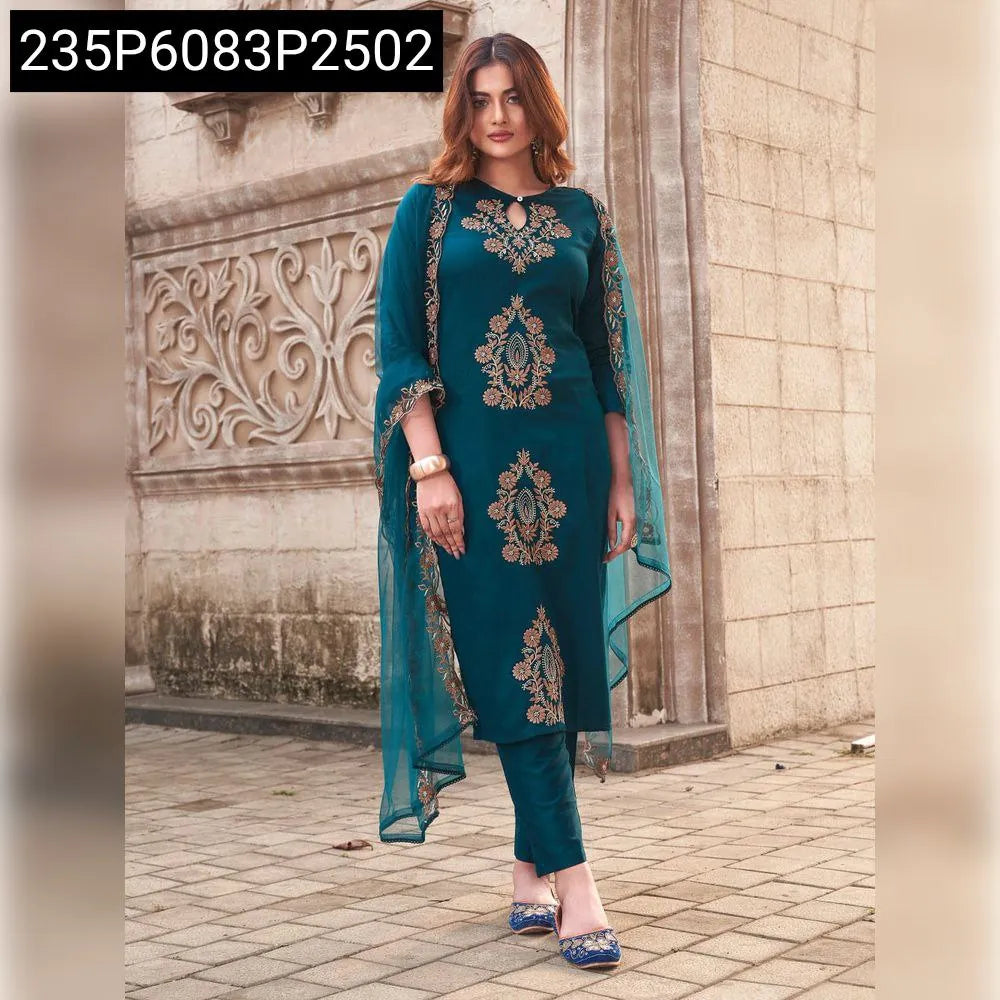 TRENDBUY women's embroidered Teal Viscose Rayon Slub kurti set with organza dupatta, front view